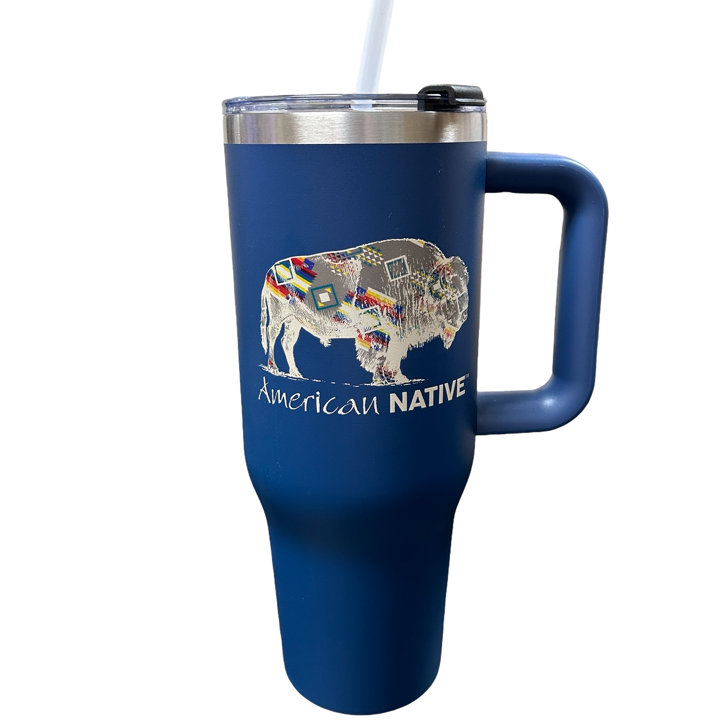 Blue travel mug with a handle featuring an 'American Native' design with Buffalo on a white background