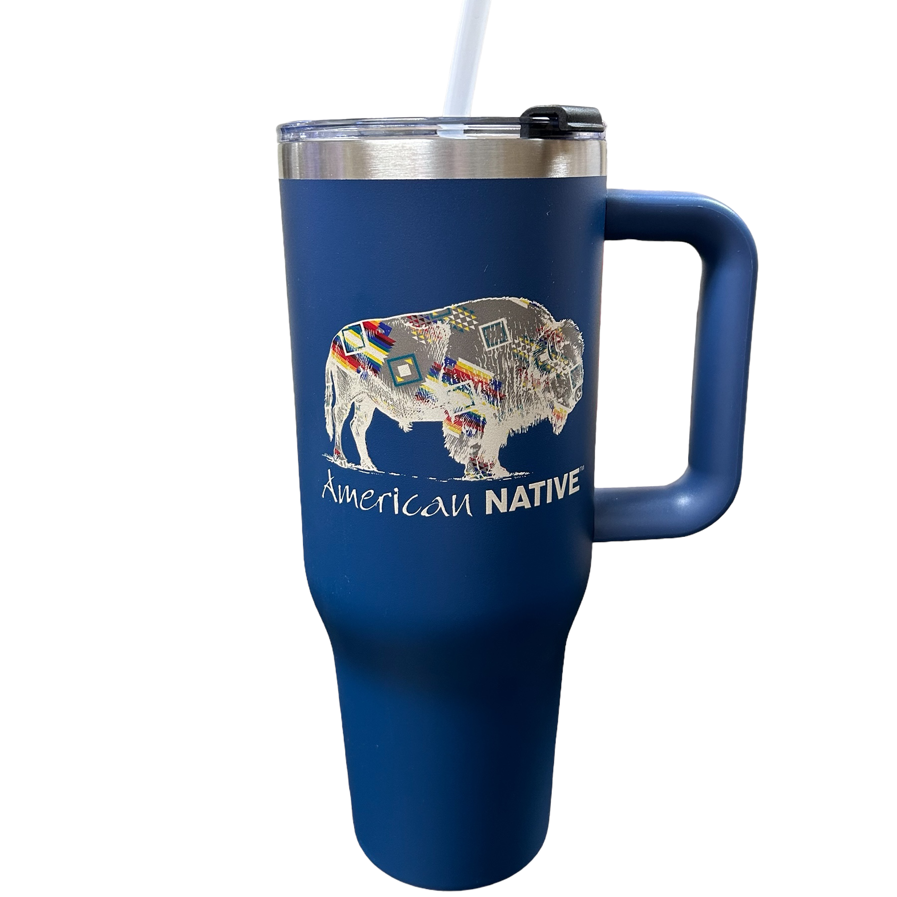 Blue travel mug with a handle featuring an 'American Native' design with Buffalo on a white background