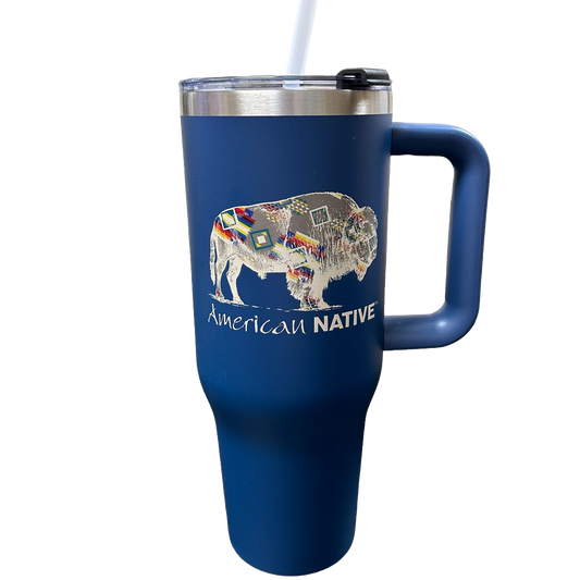 Blue travel mug with a handle featuring an 'American Native' design with Buffalo on a white background
