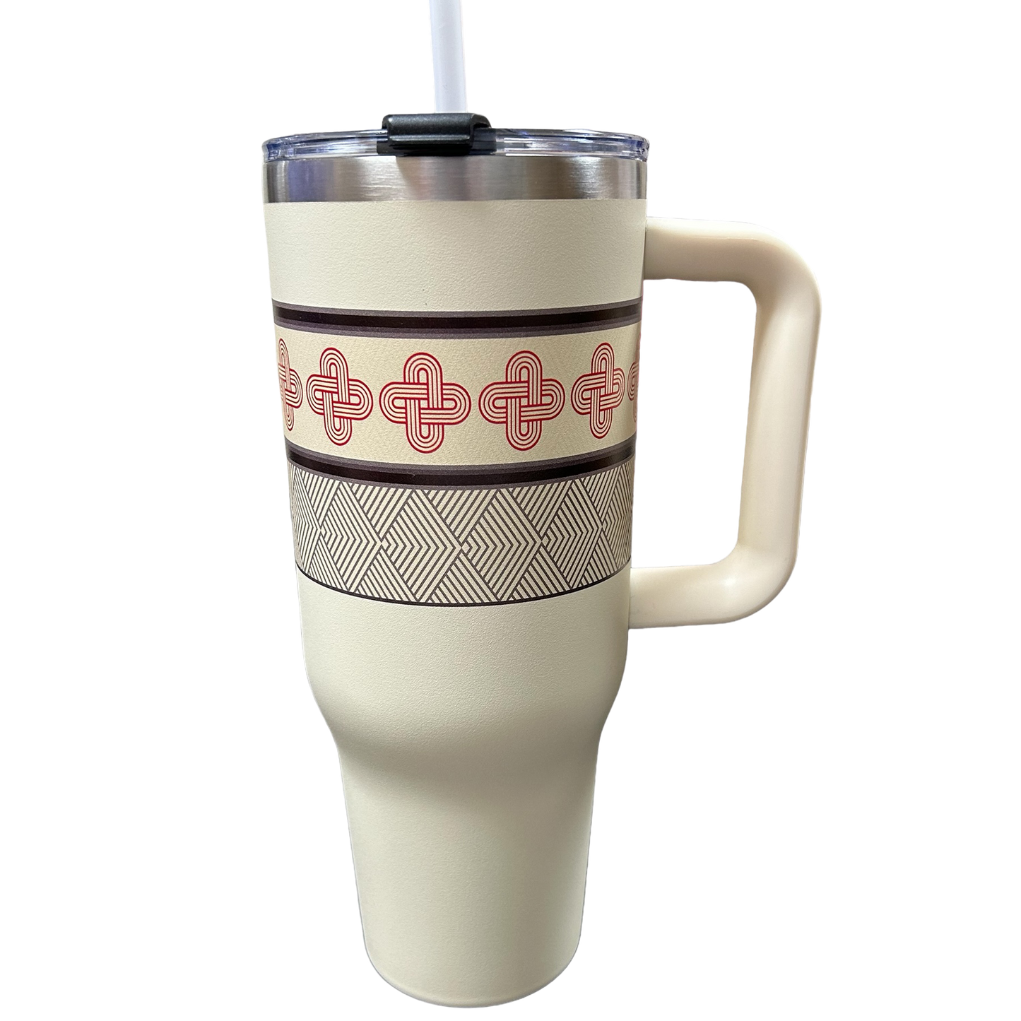 White travel mug with red and black geometric pattern on a white background