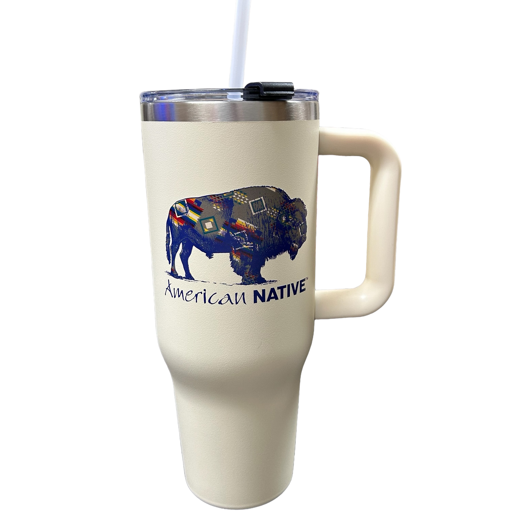 Tumbler with a design of a buffalo and 'American Native' text on a white background