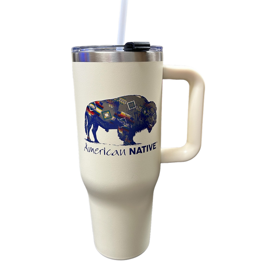 Tumbler with a design of a buffalo and 'American Native' text on a white background
