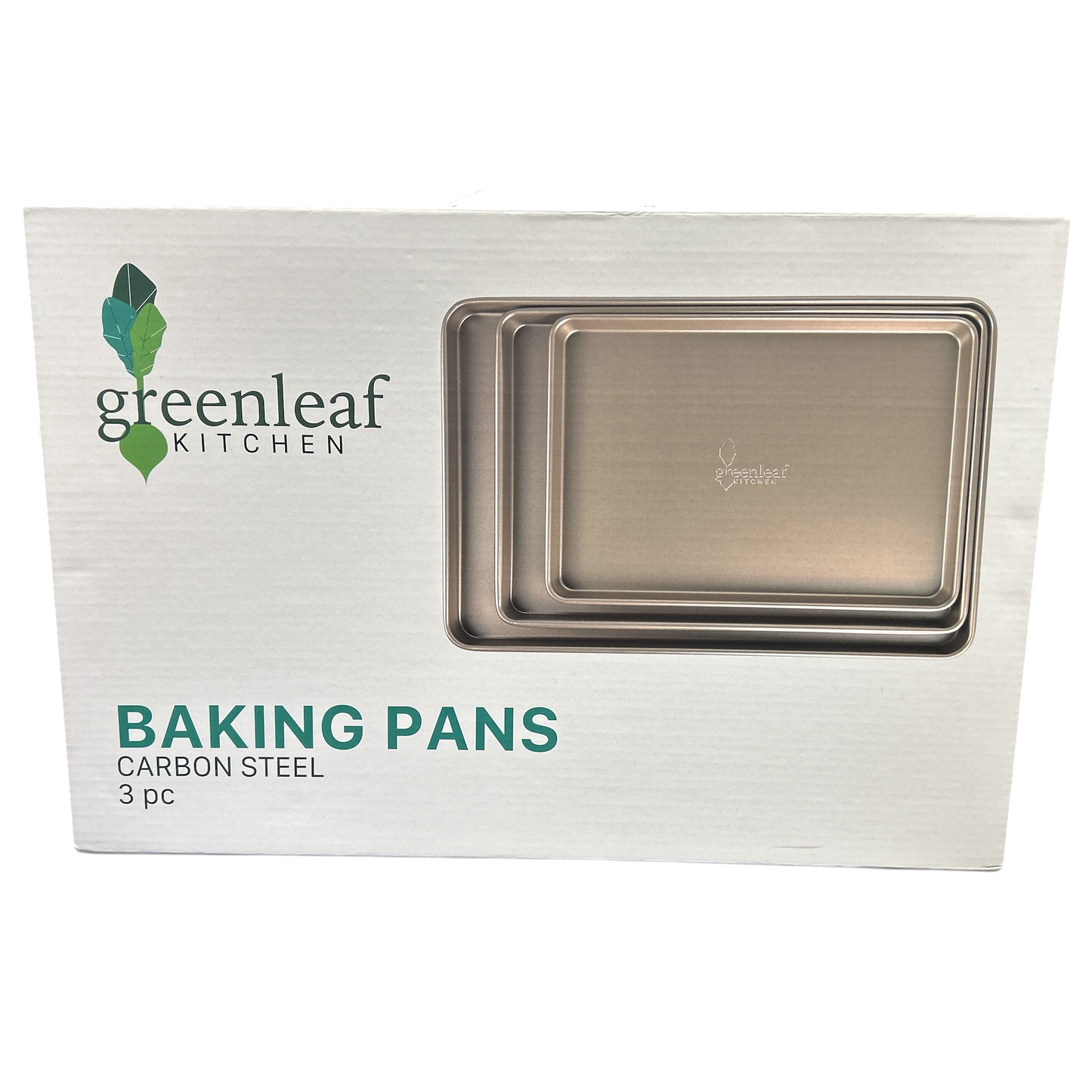 Packaging of Greenleaf Kitchen baking pans with two pans inside on a white background