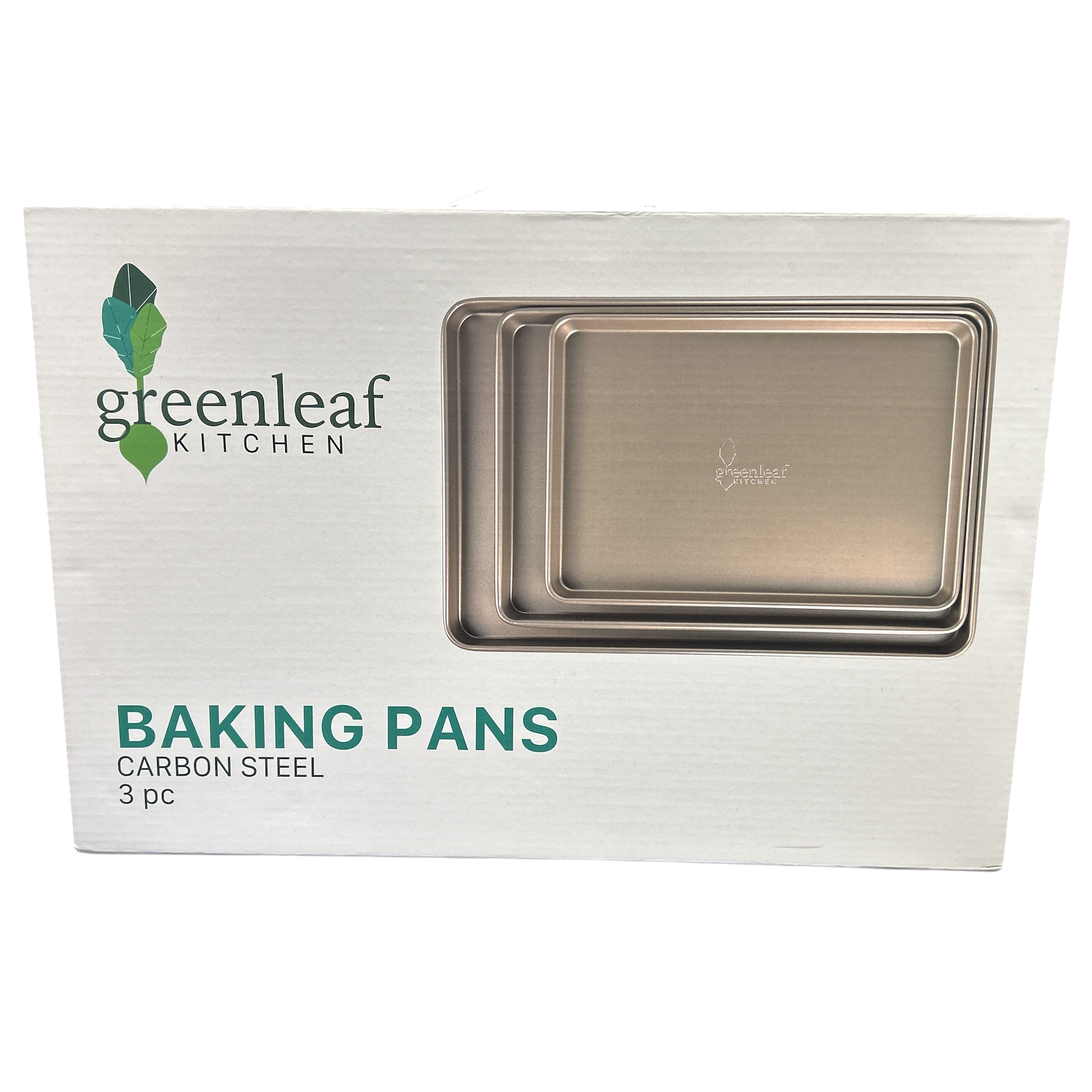 Packaging of Greenleaf Kitchen baking pans with two pans inside on a white background