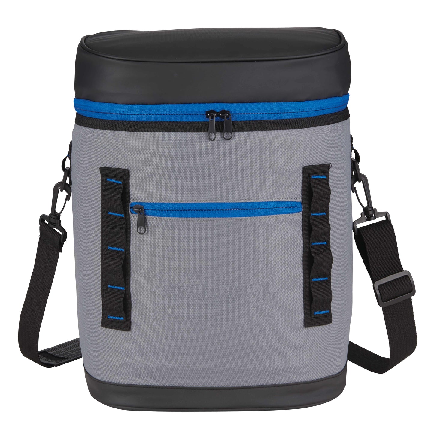 Gray cooler bag with black and blue accents on a white background