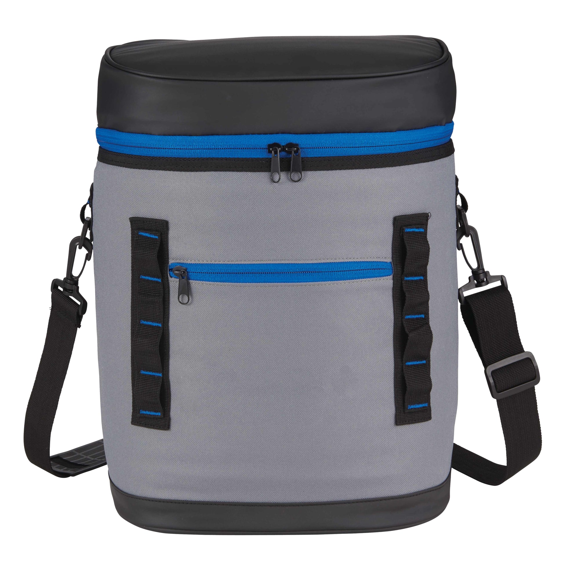 Gray cooler bag with black and blue accents on a white background