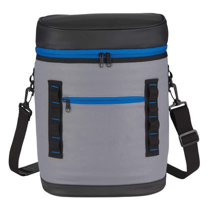 Gray cooler bag with black and blue accents on a white background