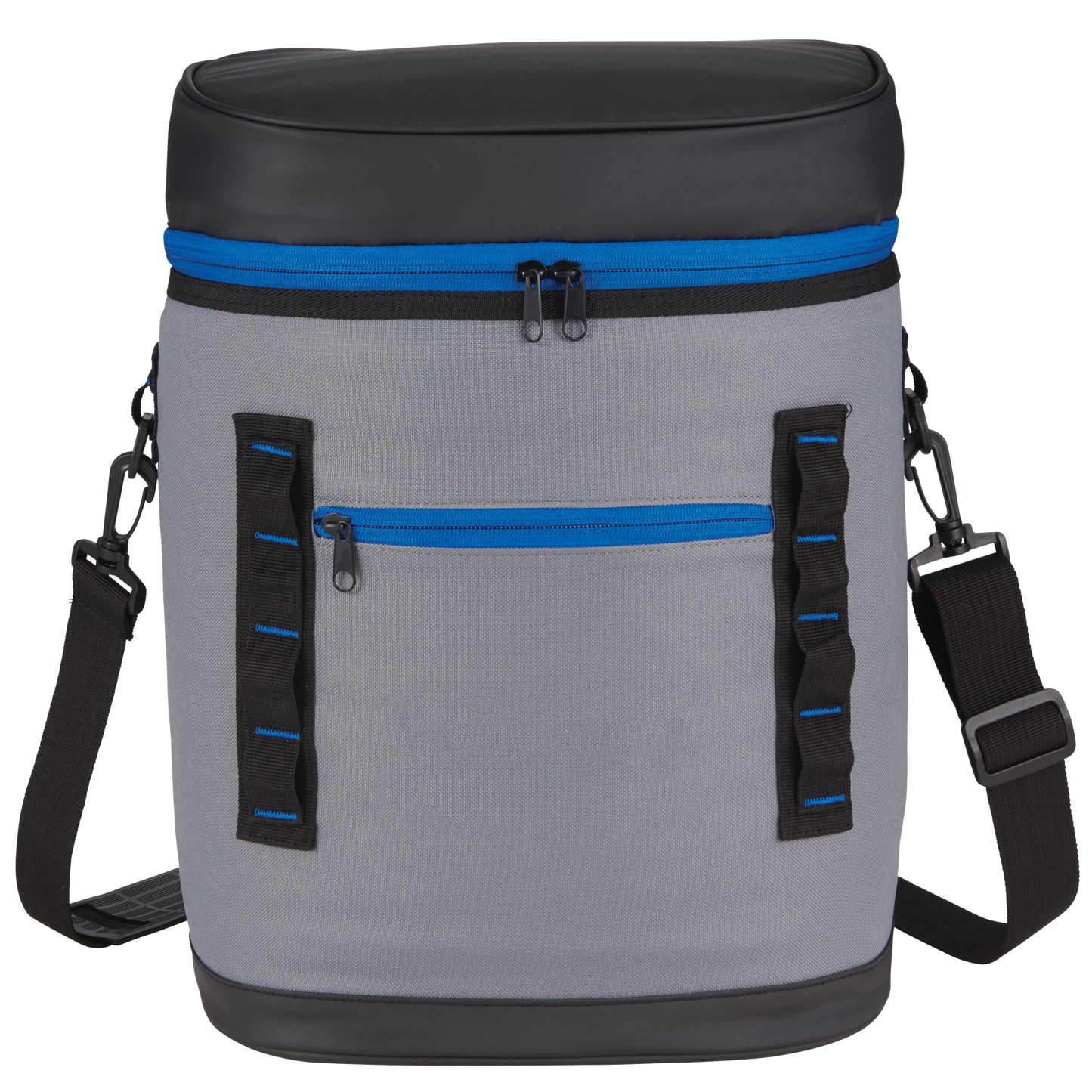 Gray cooler bag with black and blue accents on a white background