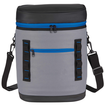 Gray cooler bag with black and blue accents on a white background
