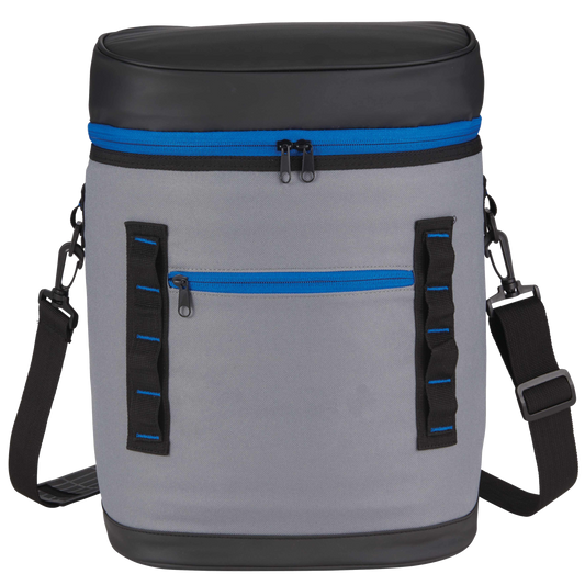 Gray cooler bag with black and blue accents on a white background