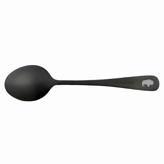 A matte black metal spoon with a handle engraved with the brand name 'SPOON' and a bison logo, shown against a plain white background.