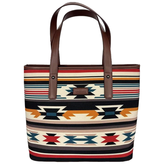 Tote bag with a colorful geometric pattern on a white background