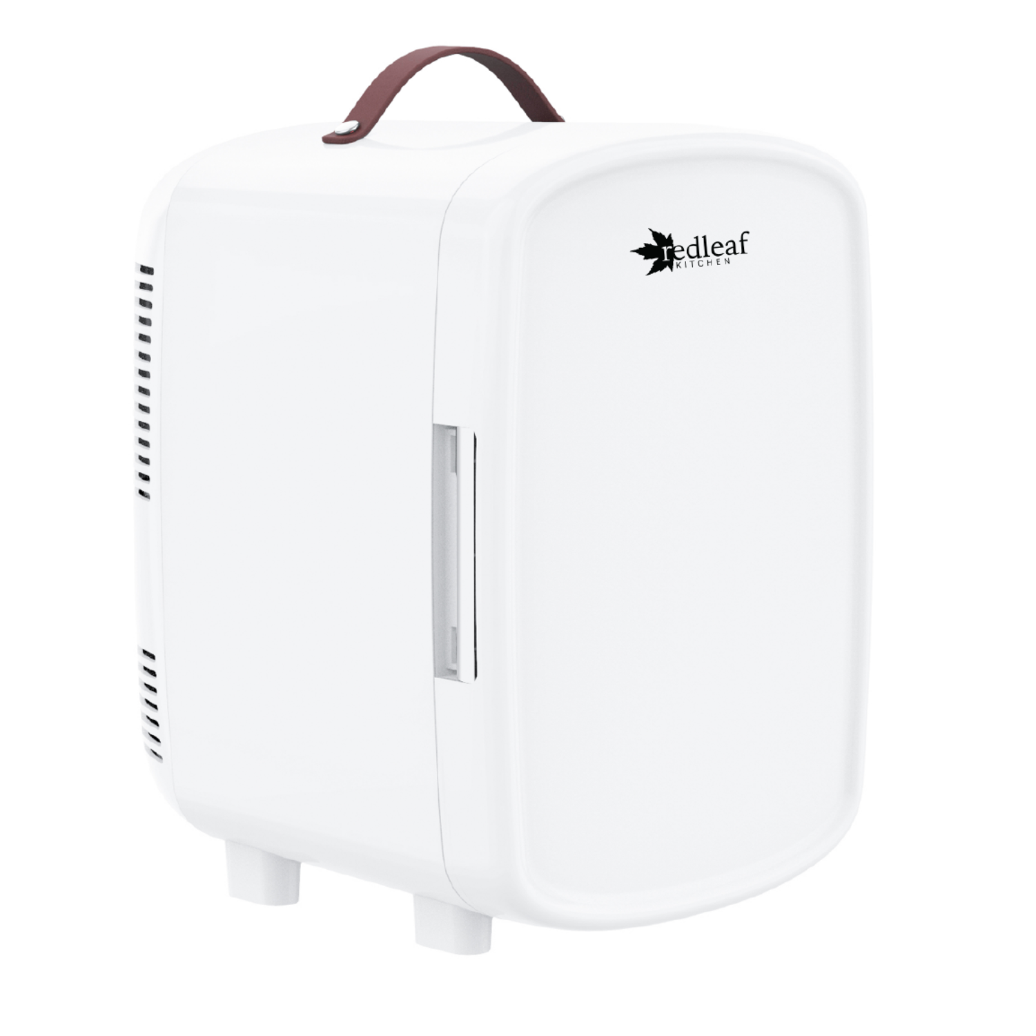 White mini counter fridge with a brown handle on a white background