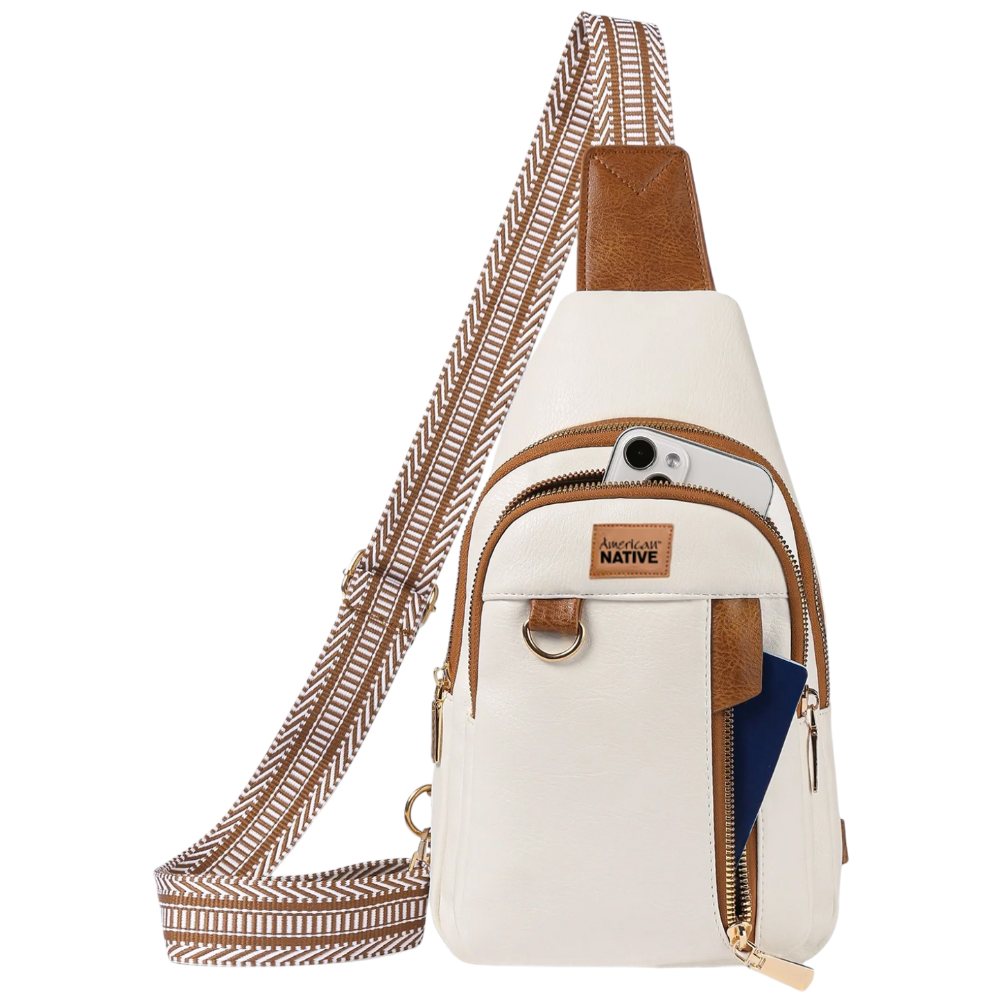 White crossbody bag with brown accents and a patterned strap on a white background