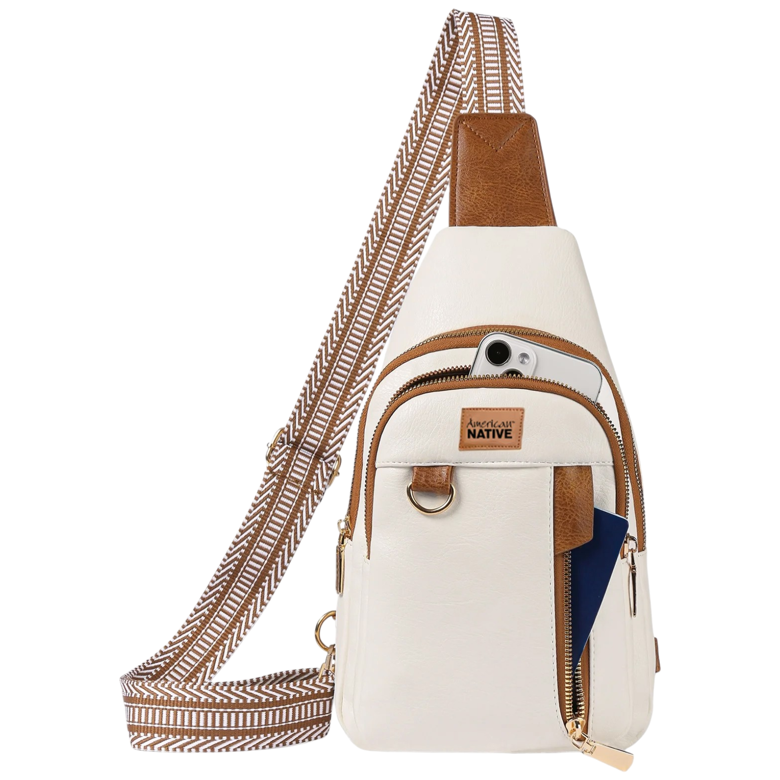 White crossbody bag with brown accents and a patterned strap on a white background