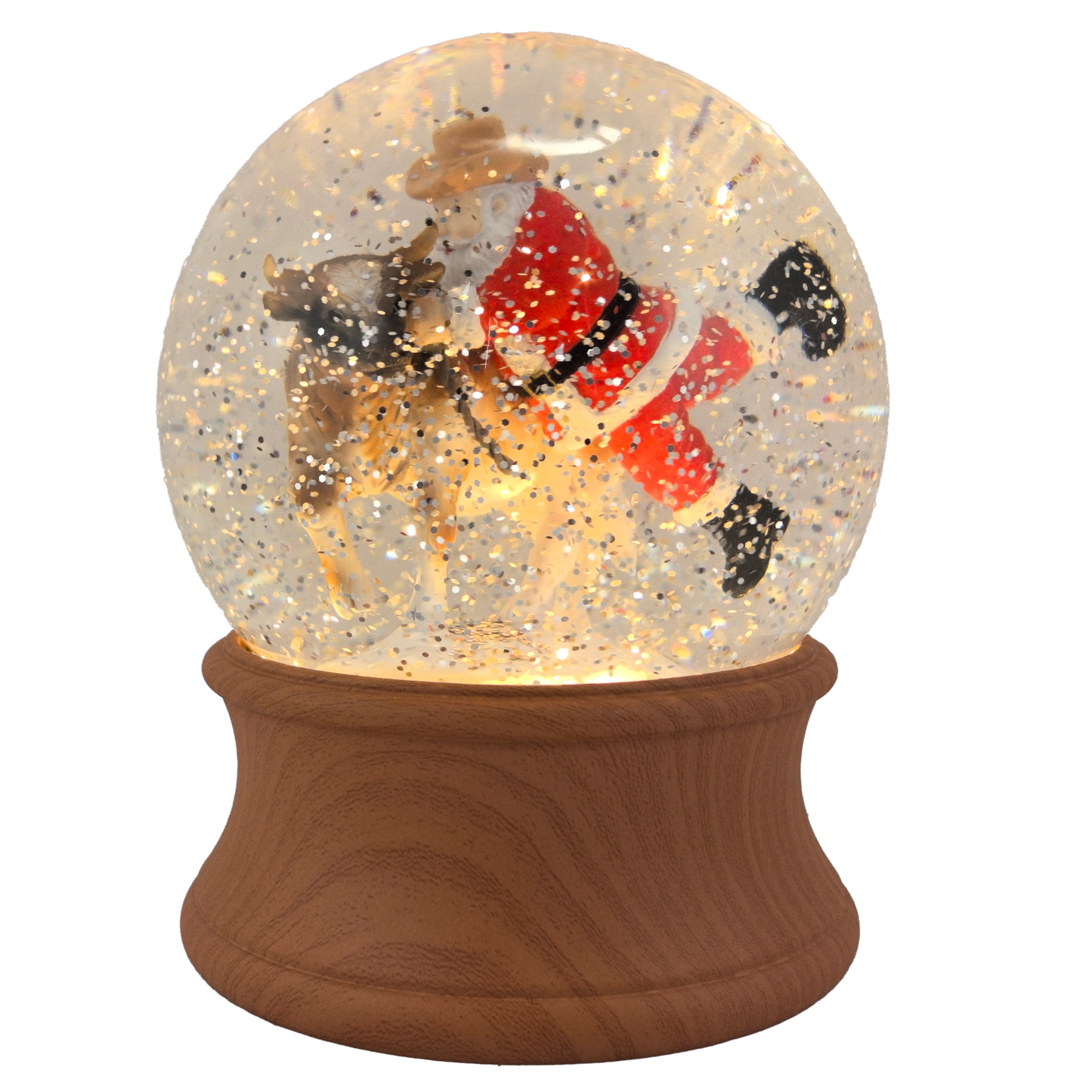 Christmas-themed snow globe with Santa Claus and rbull inside on a white background