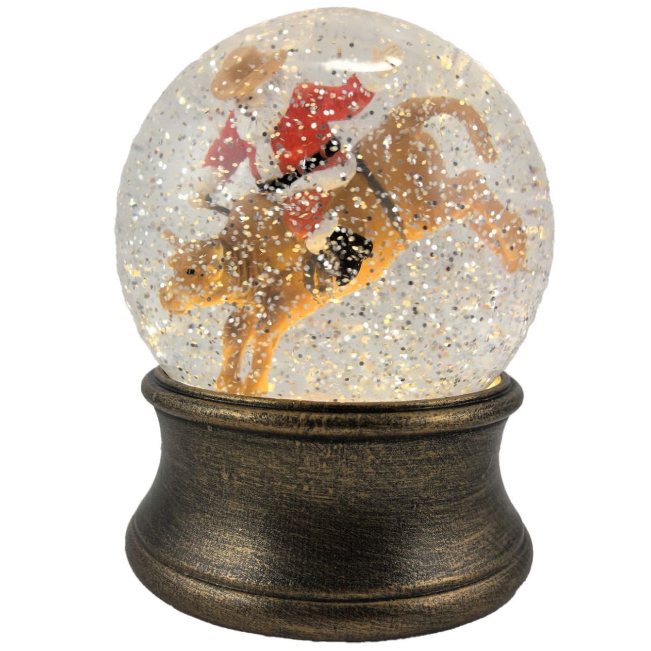 Snow globe with bull and Santa Claus inside on a white background