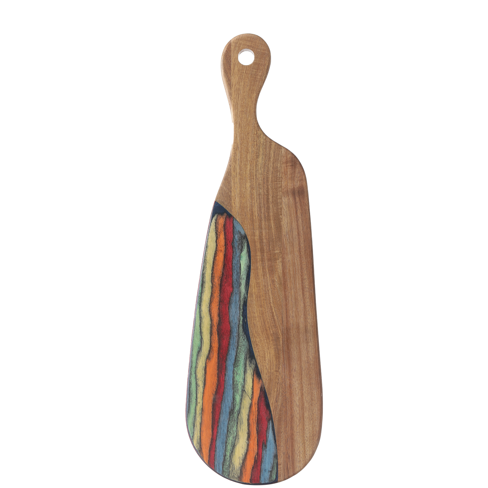 Wooden serving board with colorful striped wood on a white background