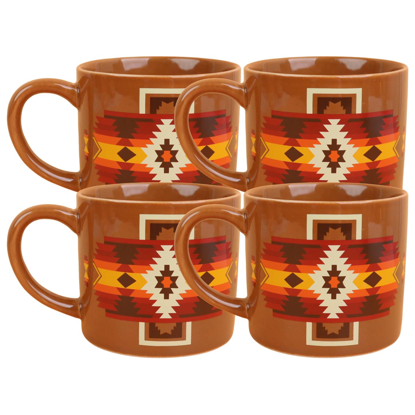 Four brown mugs with geometric pattern on a white background