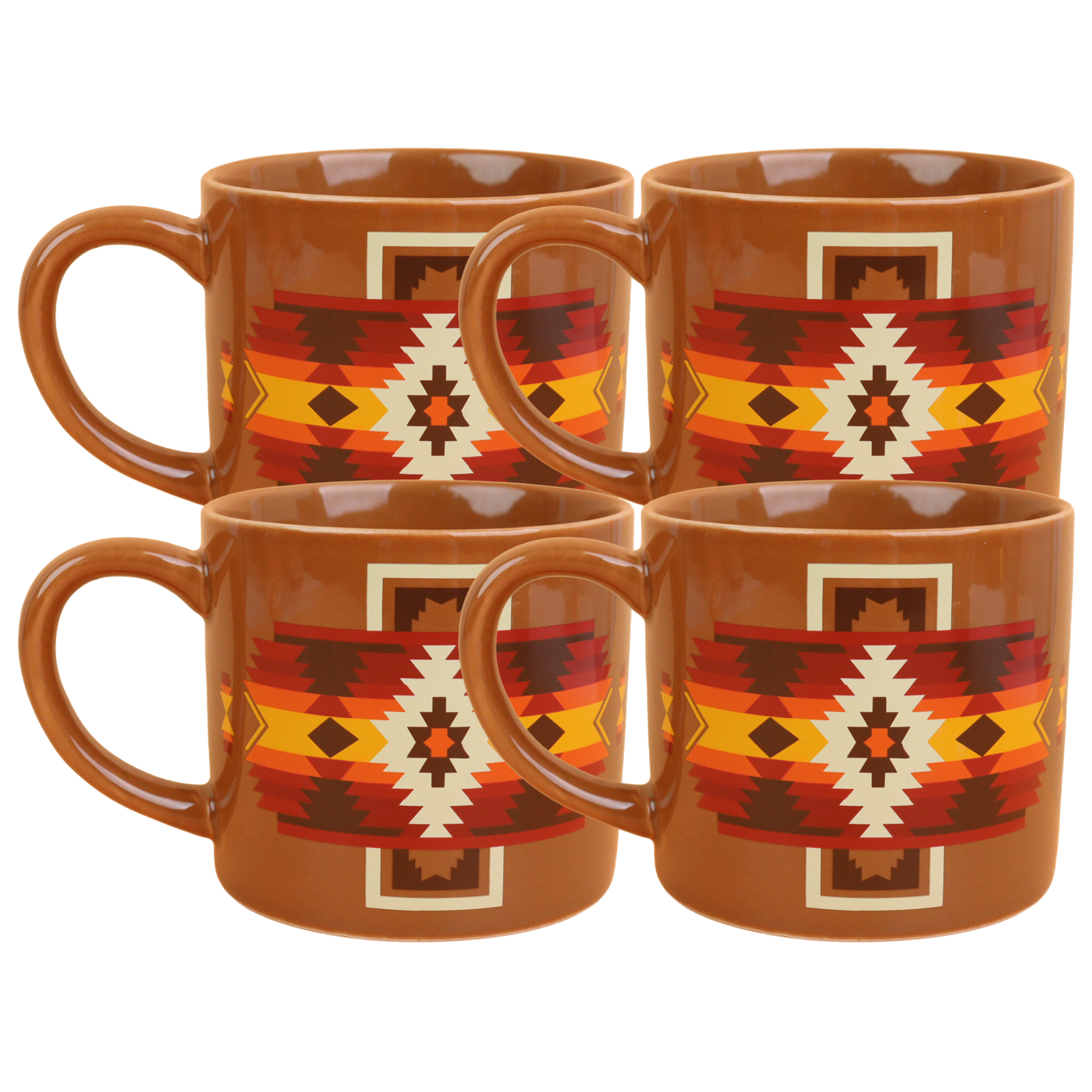 Four brown mugs with geometric pattern on a white background