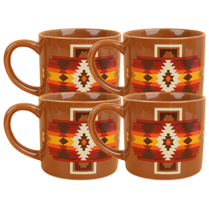 Four brown mugs with geometric pattern on a white background