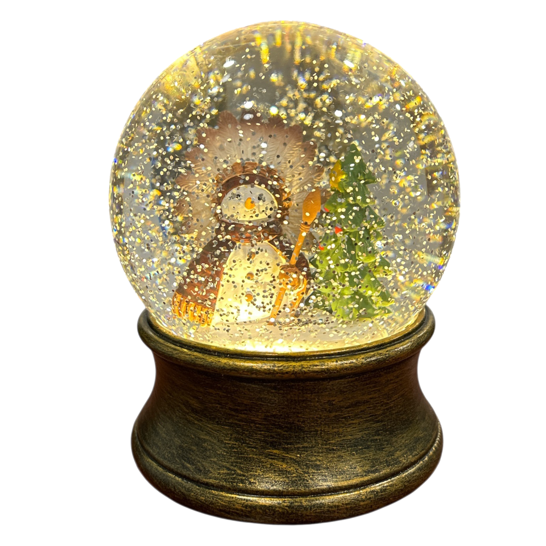 Snow globe with a native snowman inside on a white background