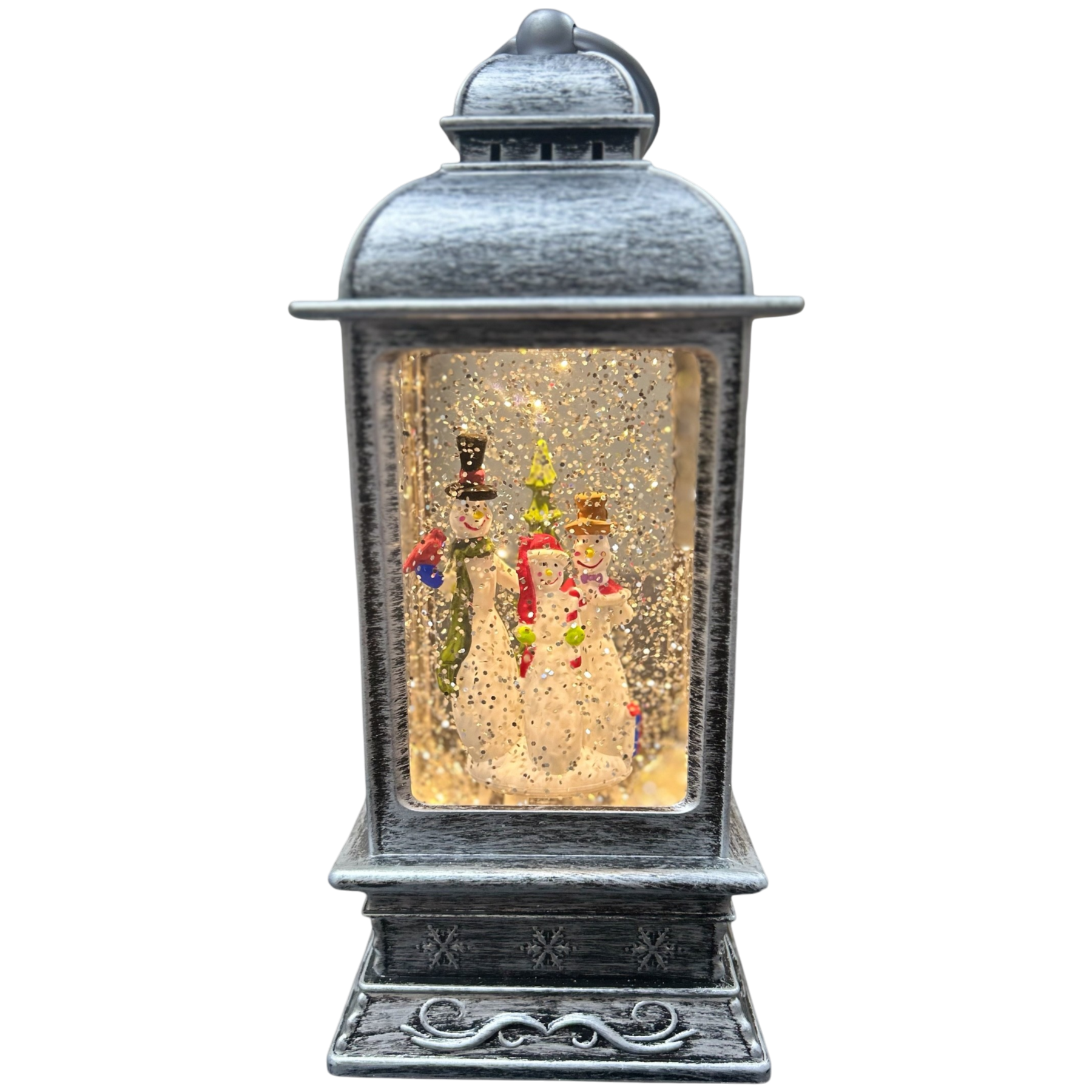 Decorative lantern with snowman and gingerbread man inside on a white background