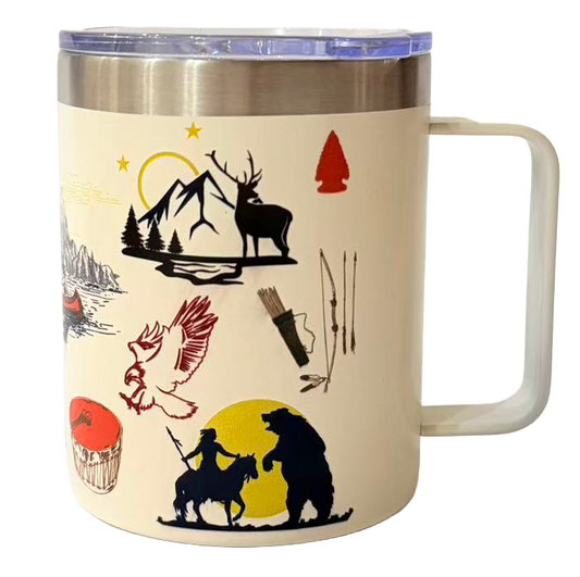 Travel mug with scenic illustrations on a beige background