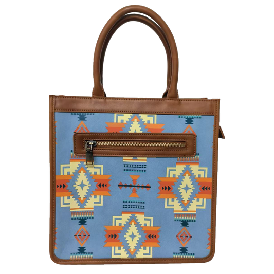 Handbag with geometric pattern on a white background