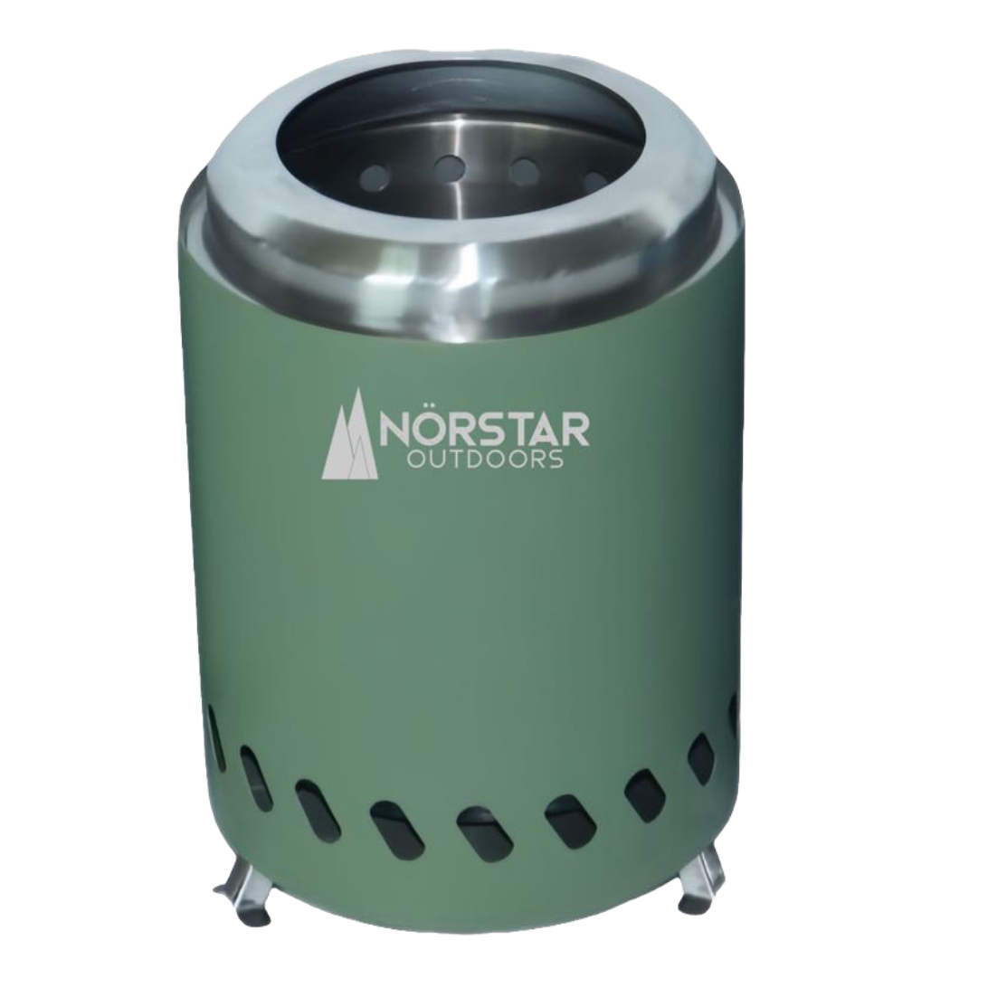 Green cylindrical stove with silver top on a white background, featuring the Norstar Outdoors logo.