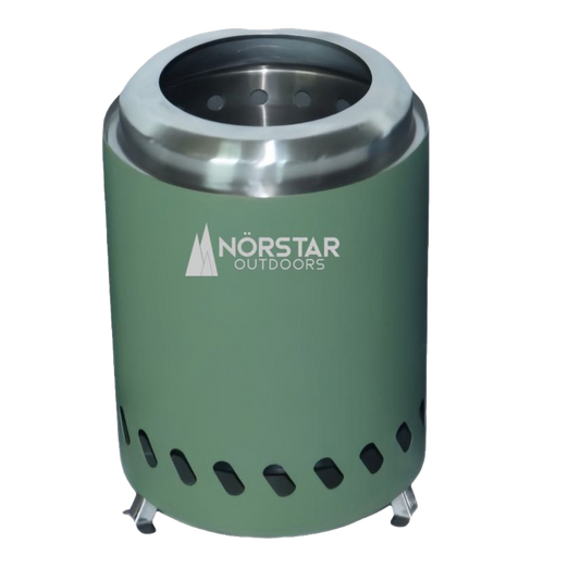 Green cylindrical stove with silver top on a white background, featuring the Norstar Outdoors logo.