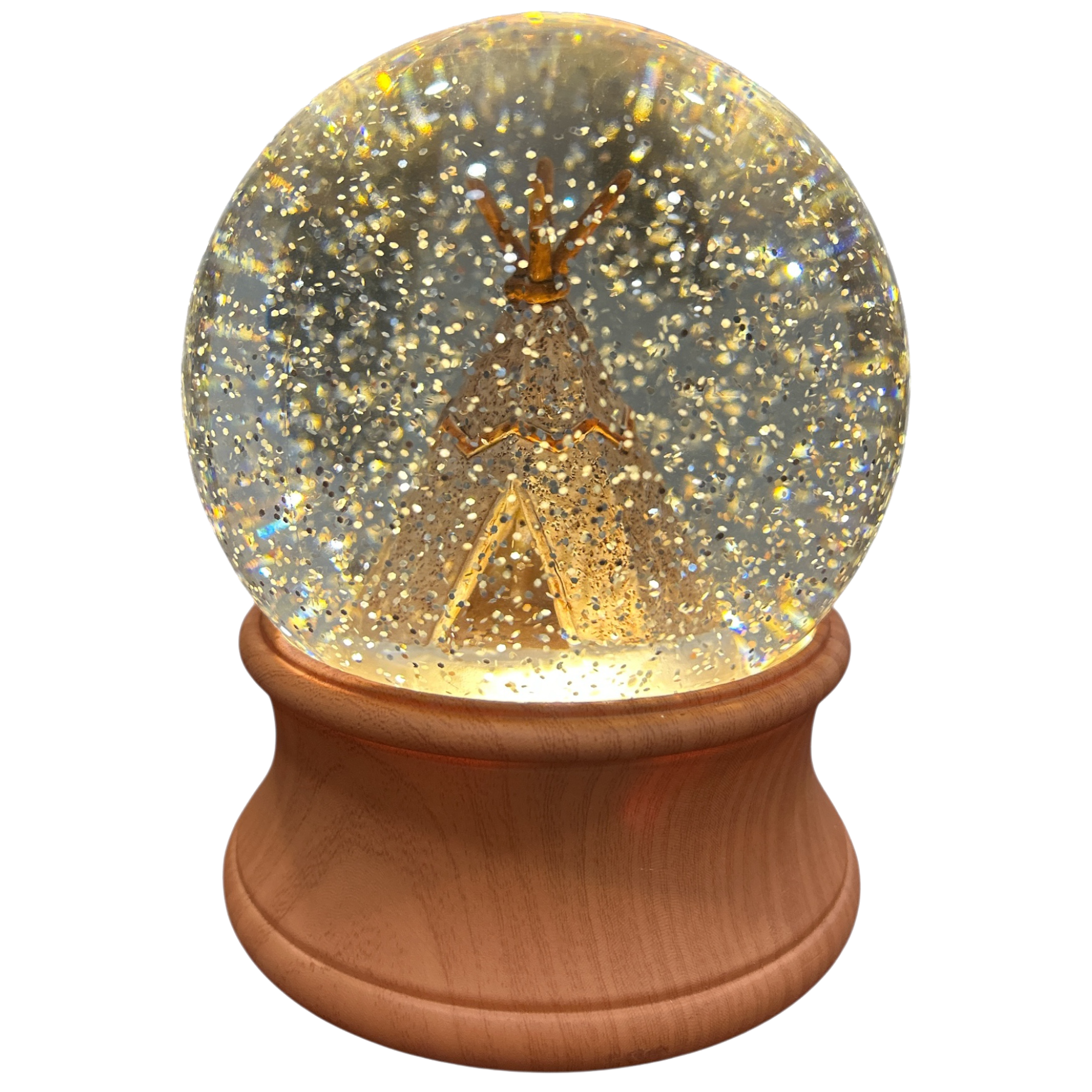 Snow globe with tee pee inside on wooden base on a white background