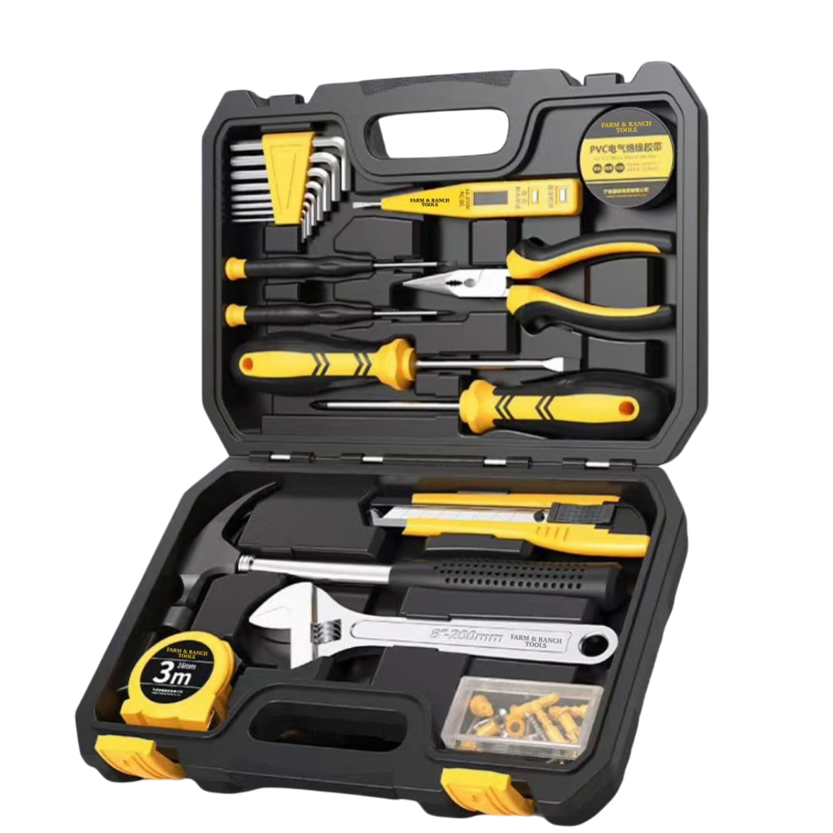 Open tool kit with various yellow and black tools on a white background