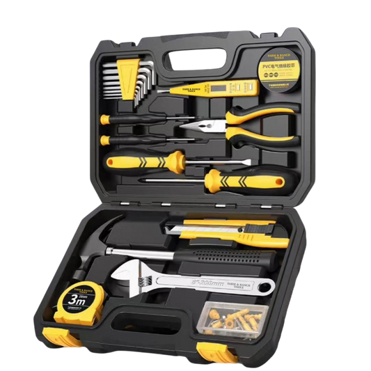 Open tool kit with various yellow and black tools on a white background