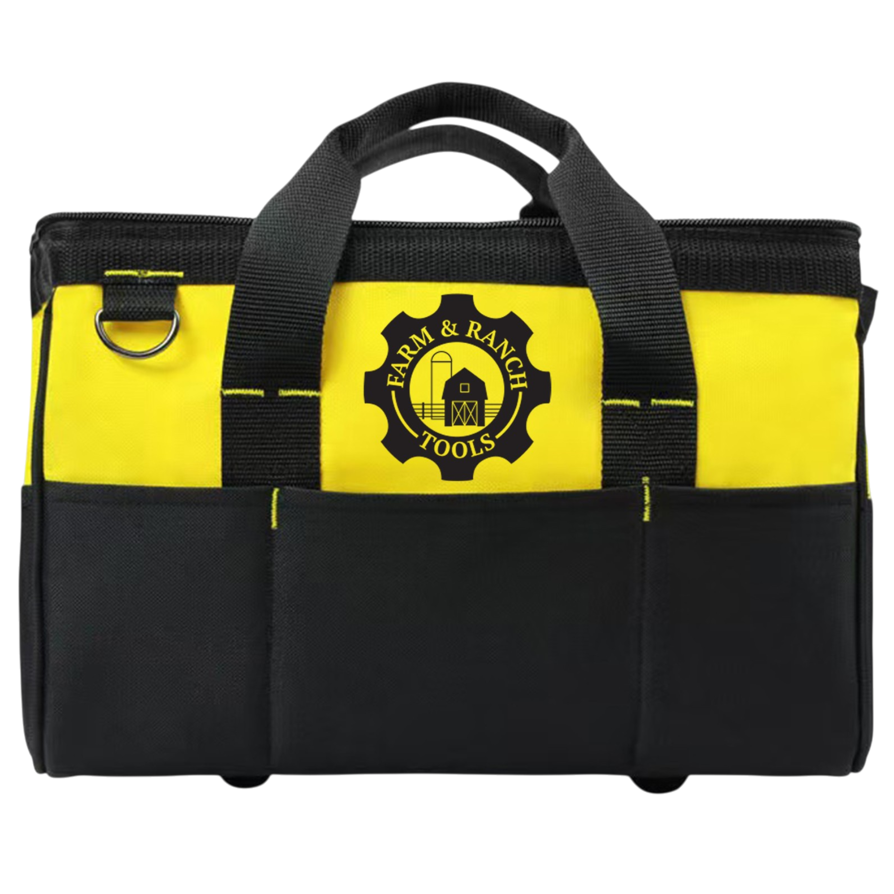 Black and yellow tool bag with 'Farm & Ranch Tools' logo on a white background