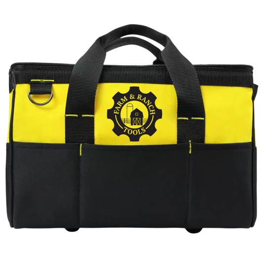 Black and yellow tool bag with 'Farm & Ranch Tools' logo on a white background