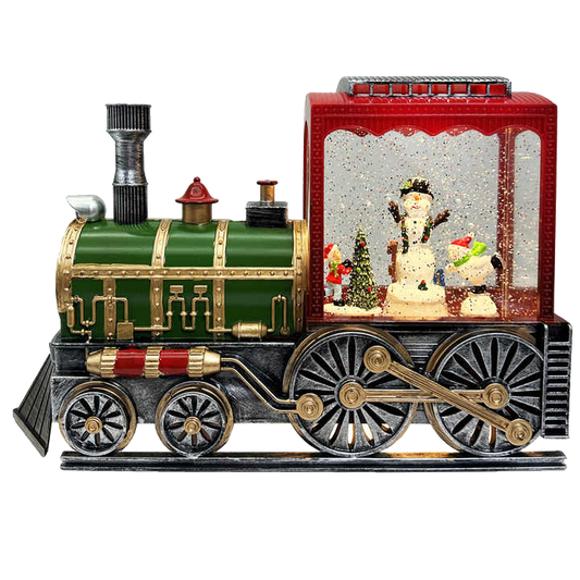 Model train with a snow globe featuring a snowman and Christmas trees on a white background