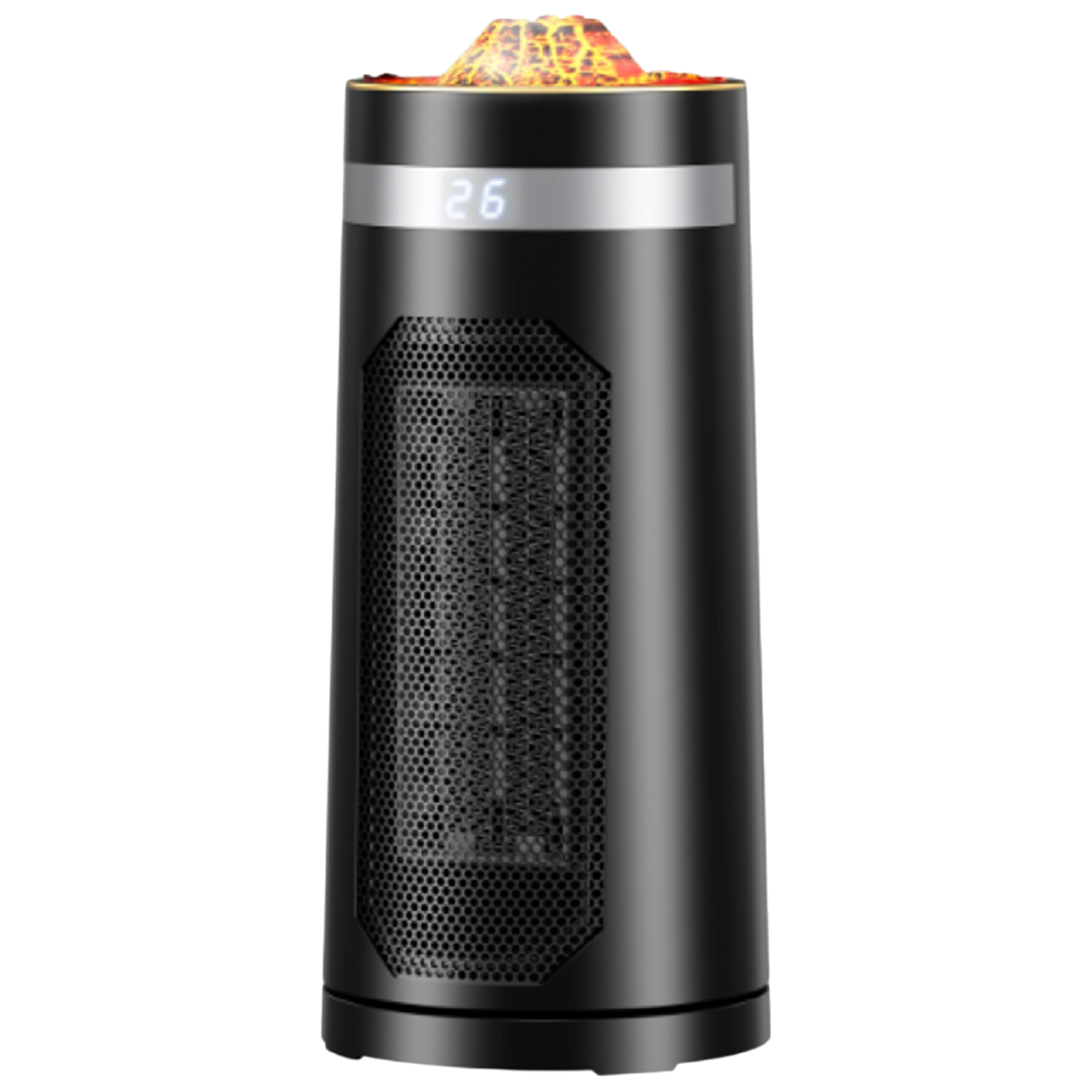 Black portable heater with digital display on a white background
