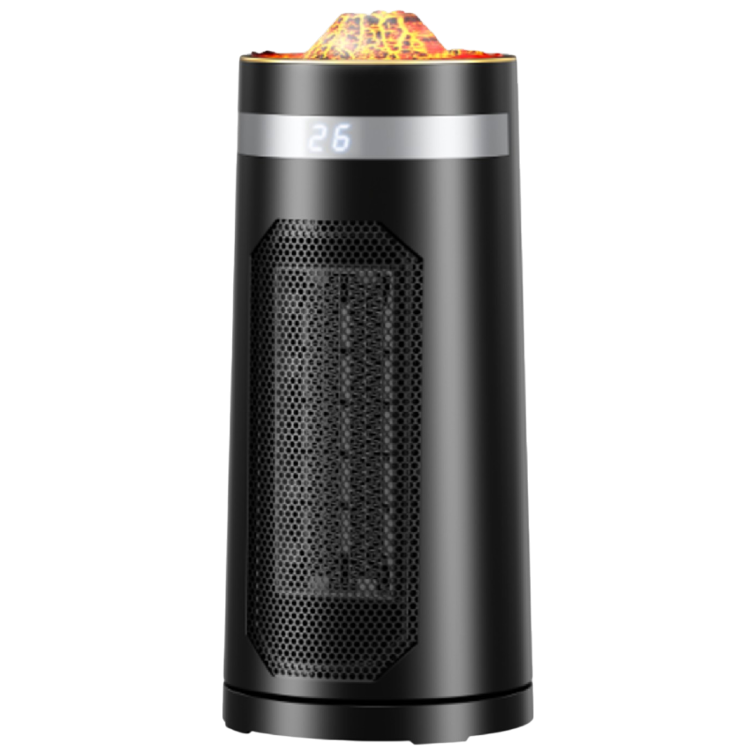 Black portable heater with digital display on a white background