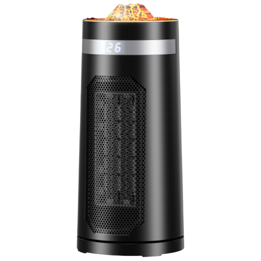 Black portable heater with digital display on a white background