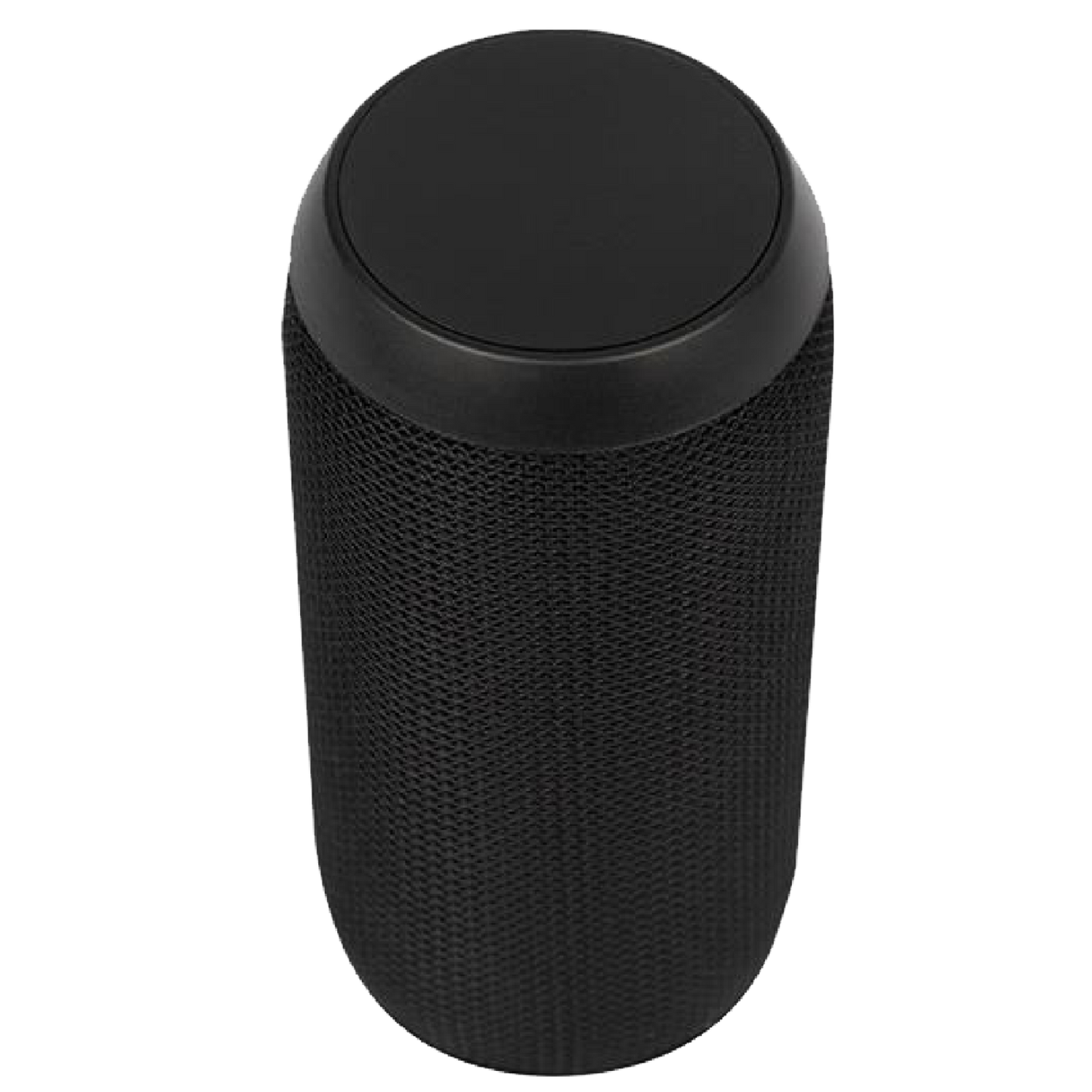 Black cylindrical speaker with textured side and smooth top on a white background