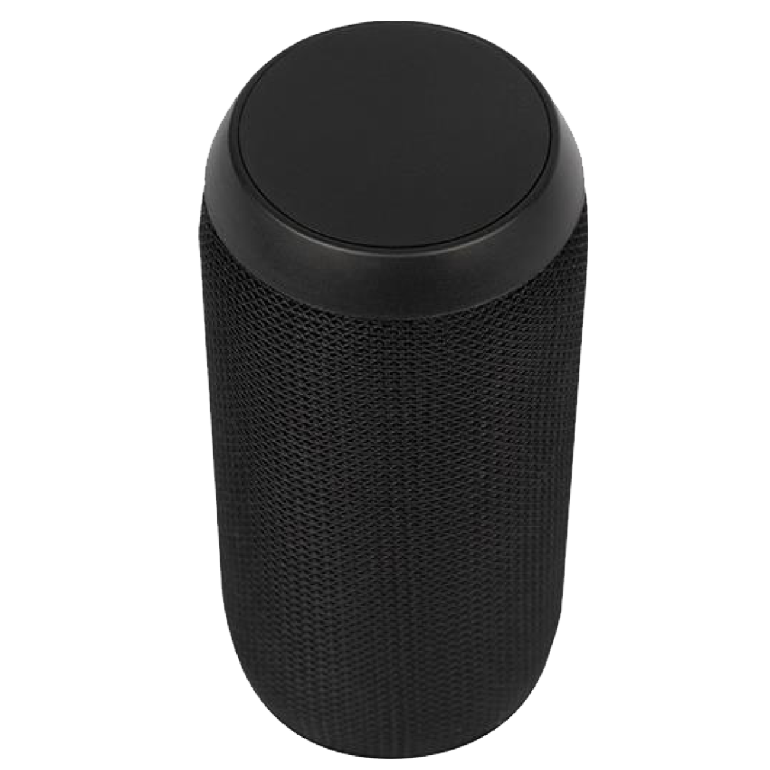 Black cylindrical speaker with textured side and smooth top on a white background