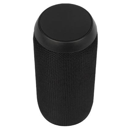 Black cylindrical speaker with textured side and smooth top on a white background