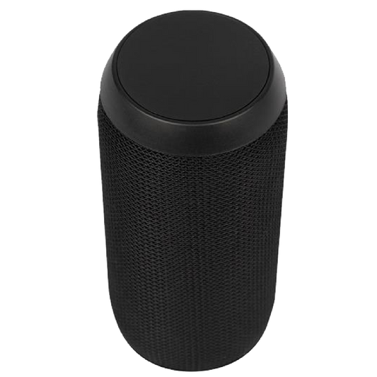Black cylindrical speaker with textured side and smooth top on a white background