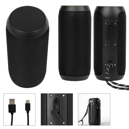 Black speaker with multiple views and accessories on a white background
