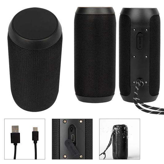 Black speaker with multiple views and accessories on a white background