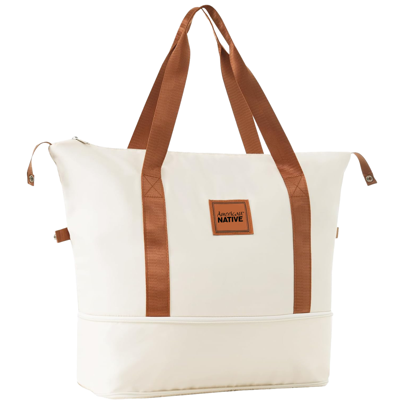 White tote bag with brown straps and a visible brand logo on a white background