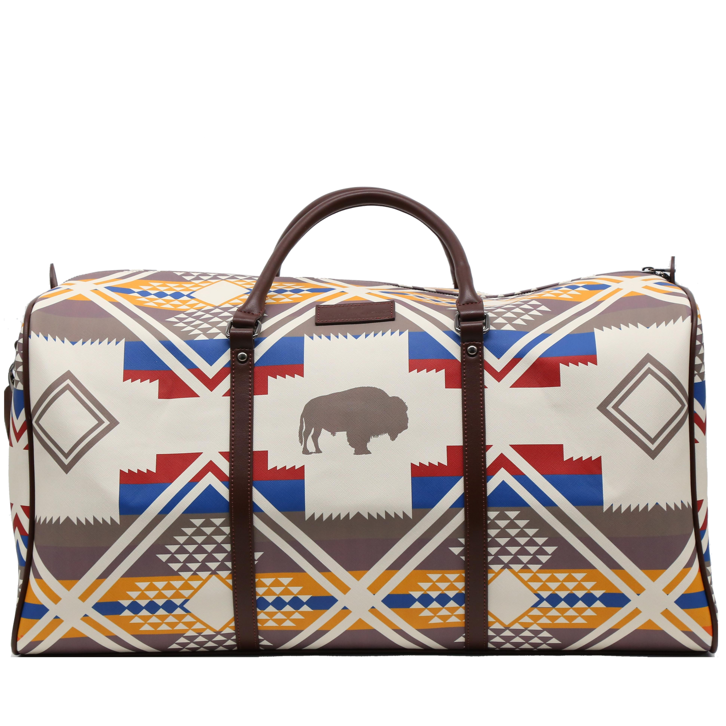 Travel bag with geometric pattern and buffalo design on a white background