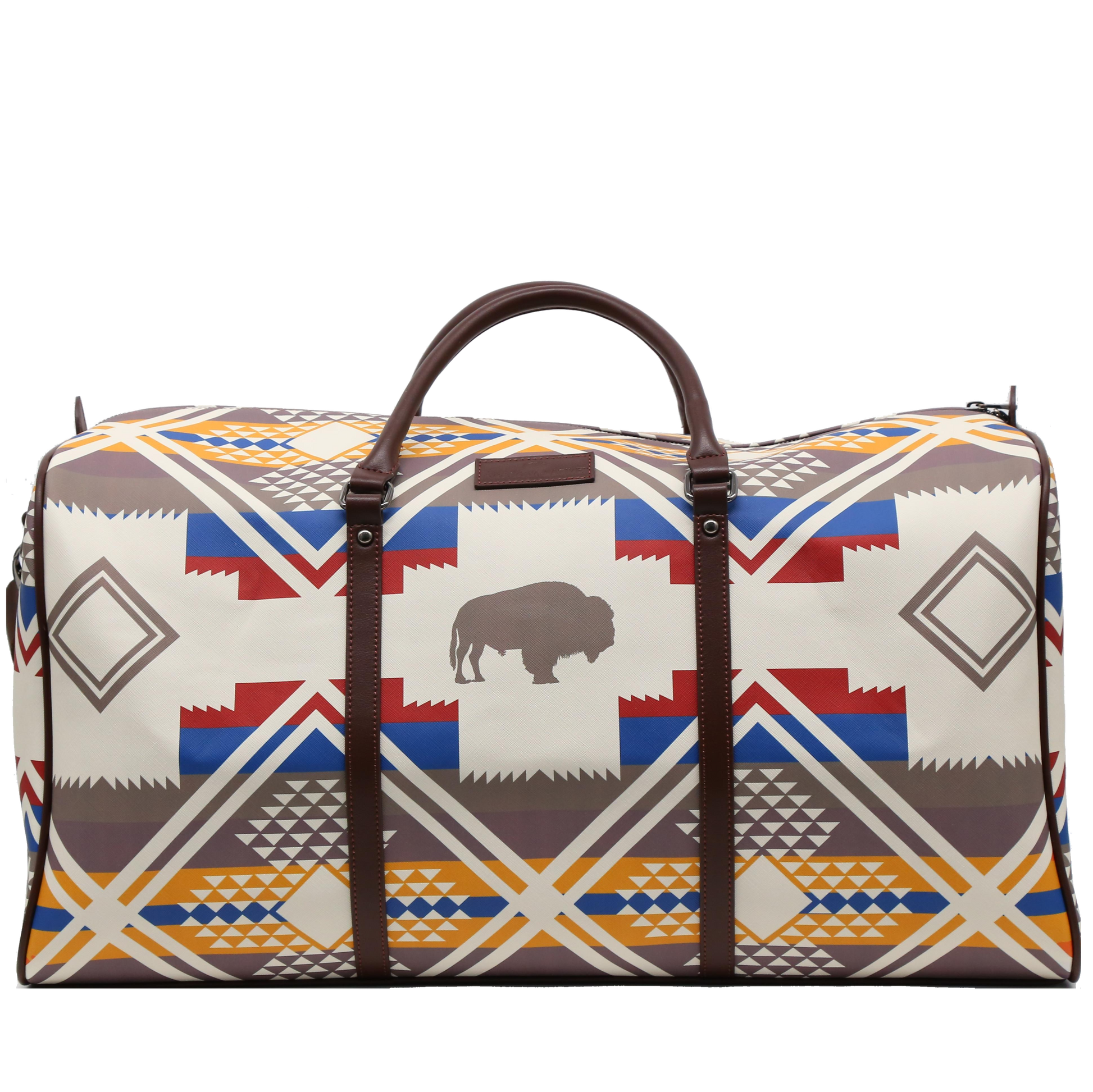 Travel bag with geometric pattern and buffalo design on a white background