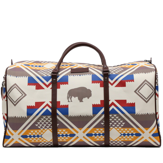 Travel bag with geometric pattern and buffalo design on a white background
